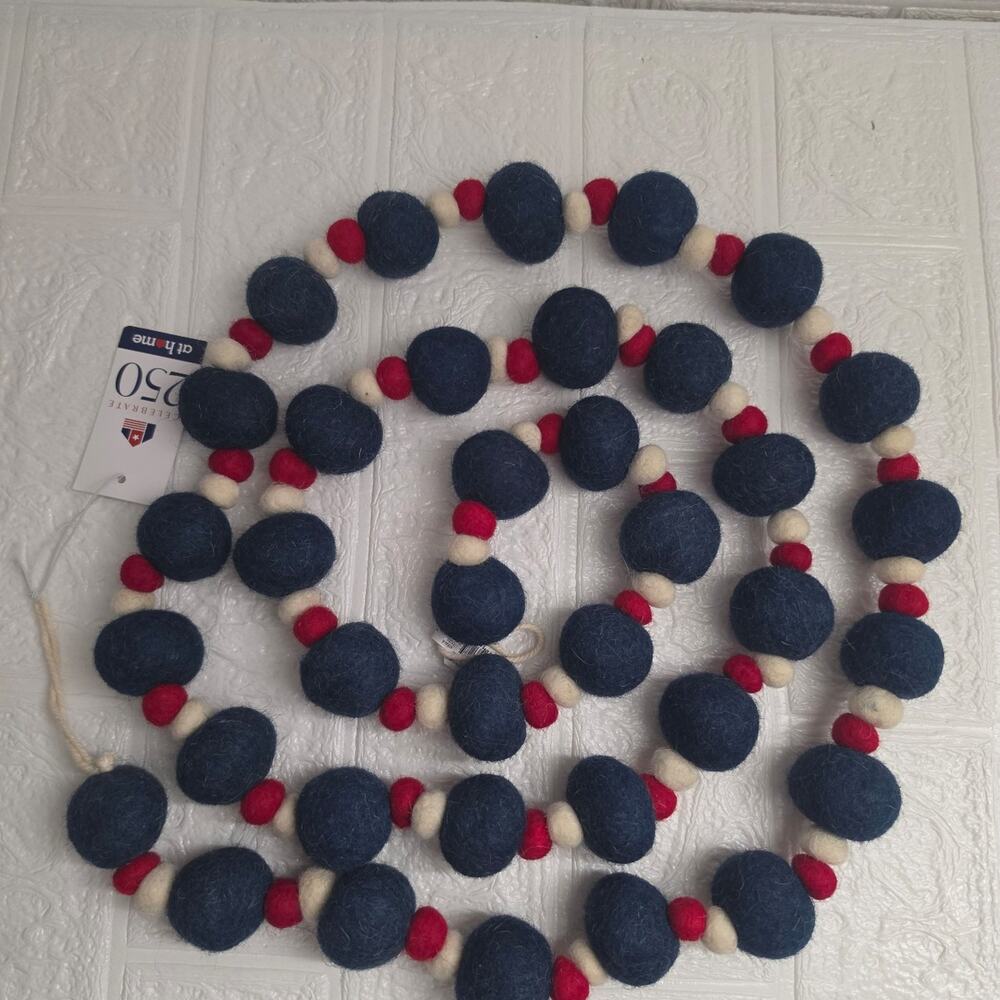 New Red White Blue Beaded Felt wool Garland, 72" patriotic 4th of July Americana